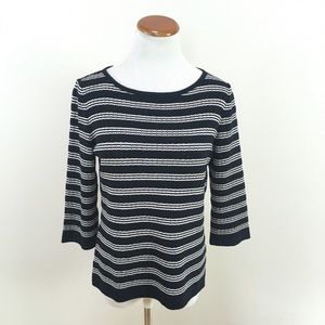 St. John Striped 3/4 Sleeve‎ Knit Blouse Black White Wool Blend Women’s Sz Small